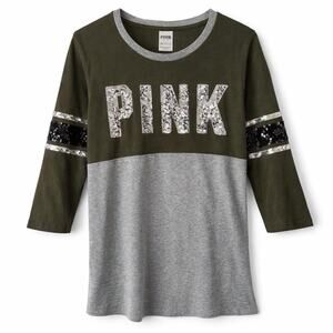 Y2K VS Victoria Secret PINK sequin logo colorblock top gray 3/4 sleeve